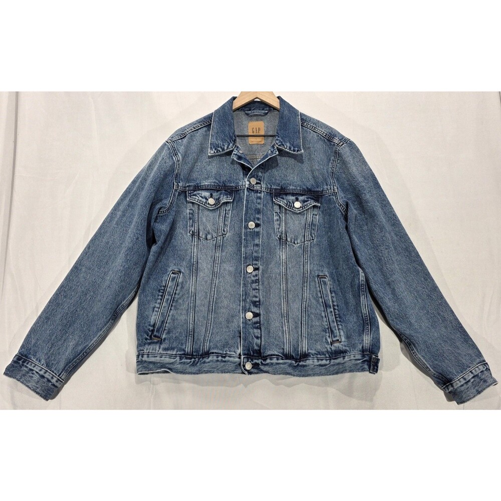 GAP Mens Icon Denim Trucker Jacket Large L Medium Wash Grunge Rigid Non-Stretch